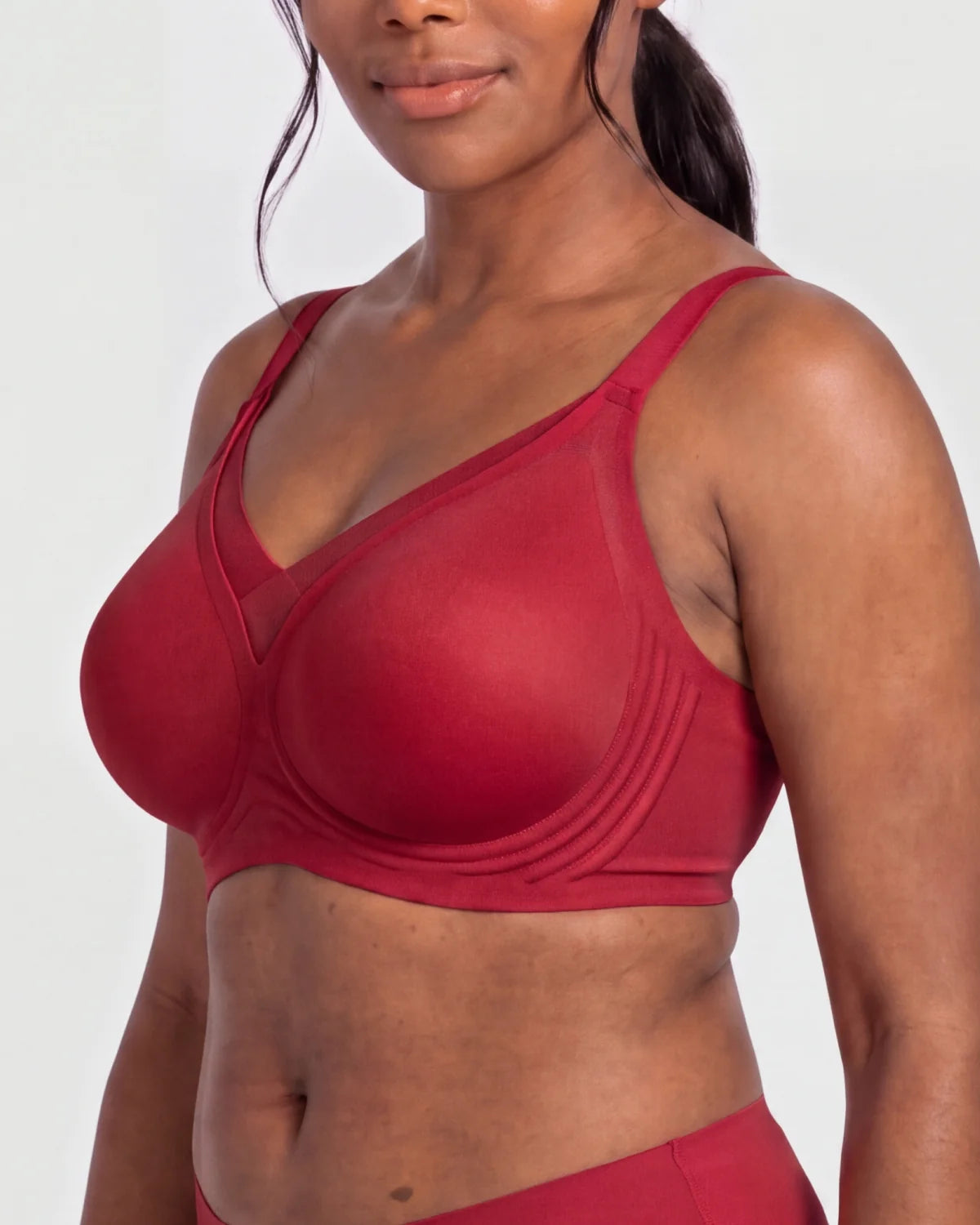 Side - CURVS V-Neck Mesh Bra - Red #Color_Red