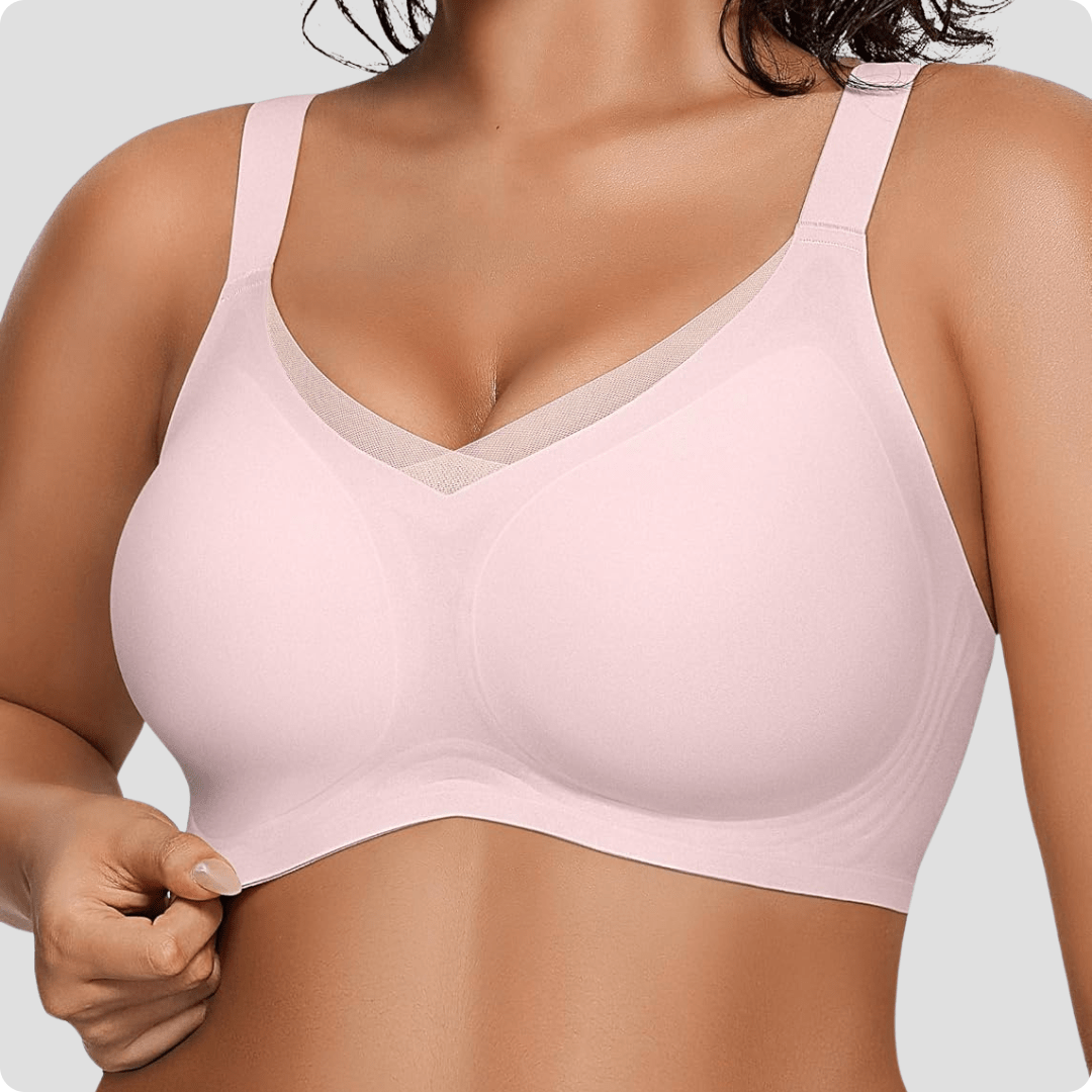 Wireless V-Neck Crossover Mesh Support Bra Pink #Color_Pink